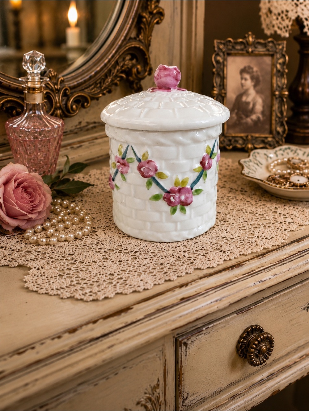 Vintage Floral Ceramic Canister with Lid – made in Czecho-Slovakia